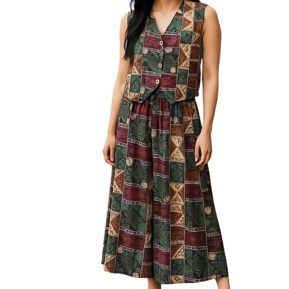 Vintage Rhythms Abstract Two Piece Vest And Skirt Set Button Down Brown Purple